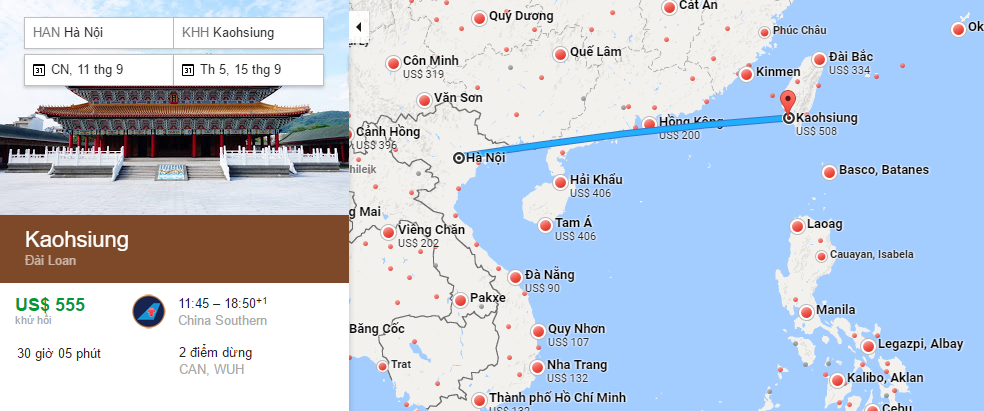 Bản đồ đường bay từ Hà Nội đi Cao Hùng