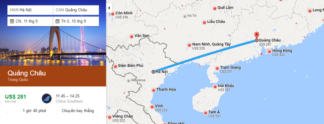 Bản đồ đường bay từ Hà Nội đi Quảng Châu