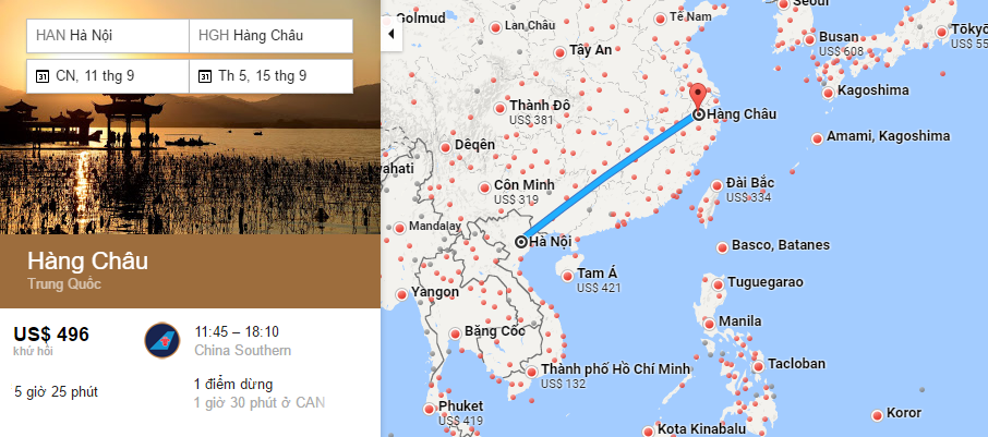 Bản đồ đường bay từ Hà Nội đi Hàng Châu